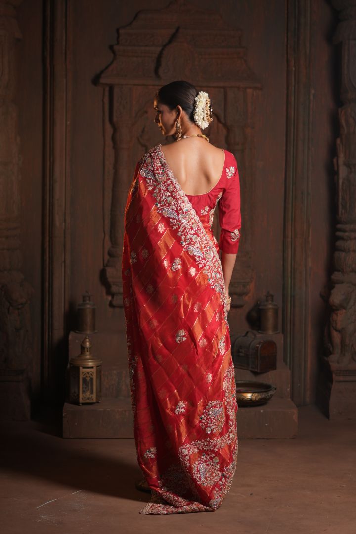 Rani Red Pure HO Peacock Embroidered Saree