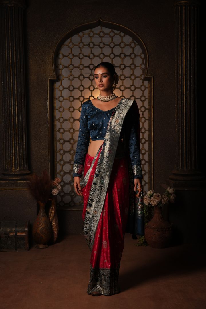Rani Pink Peacock Embroidered Satin Saree