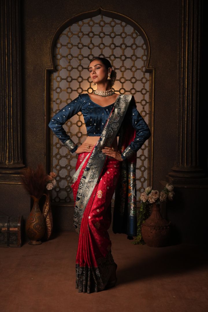 Rani Pink Peacock Embroidered Satin Saree