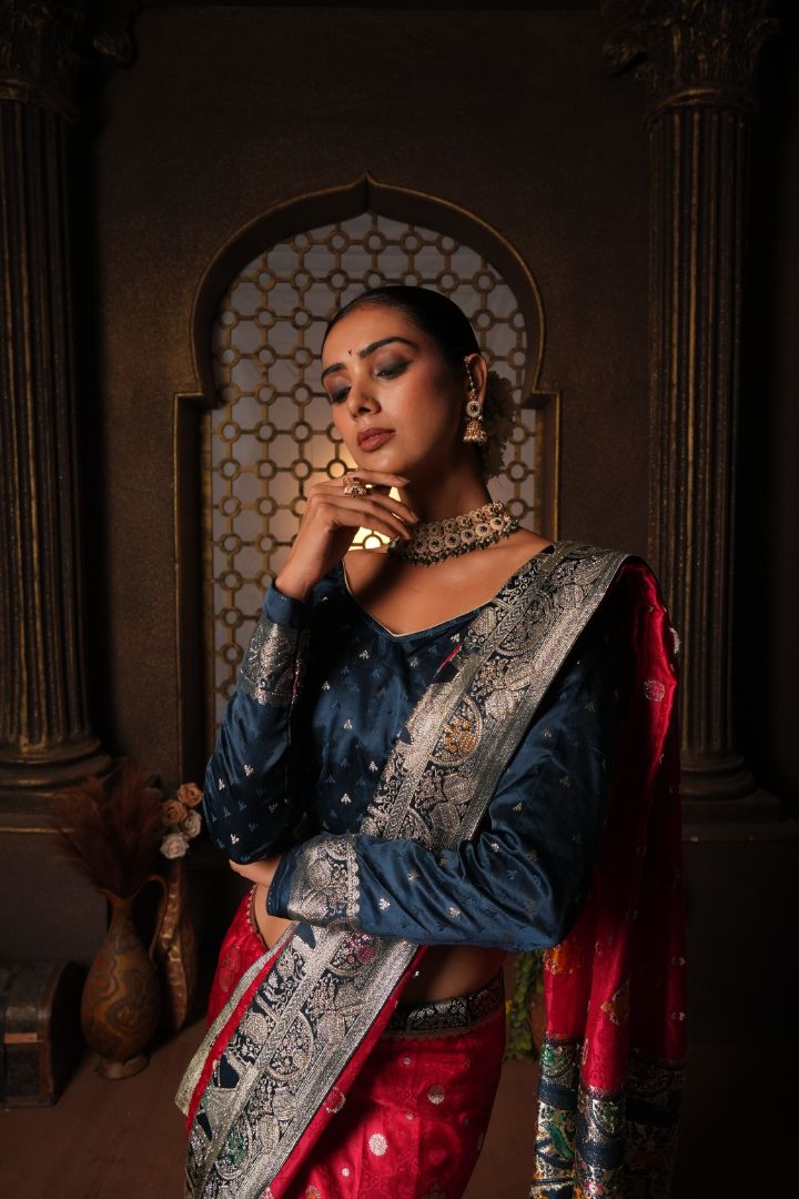 Rani Pink Peacock Embroidered Satin Saree