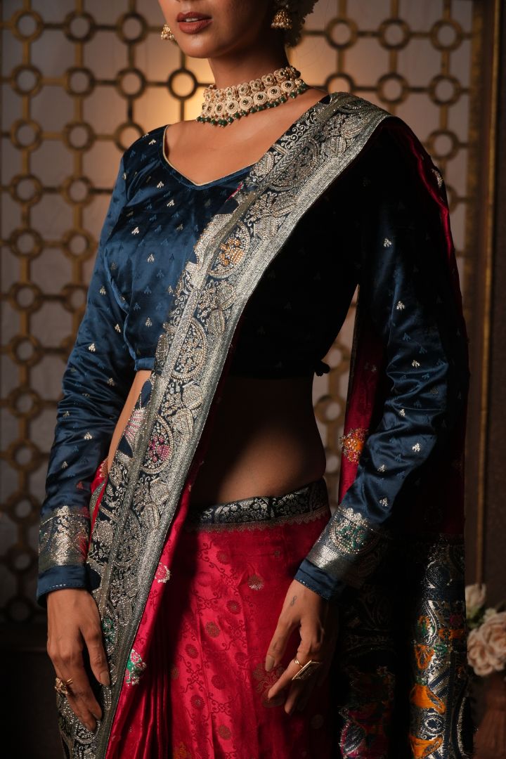 Rani Pink Peacock Embroidered Satin Saree