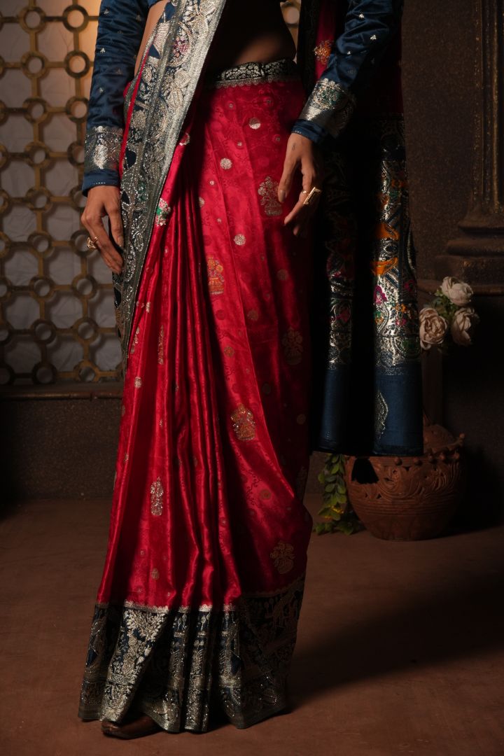 Rani Pink Peacock Embroidered Satin Saree