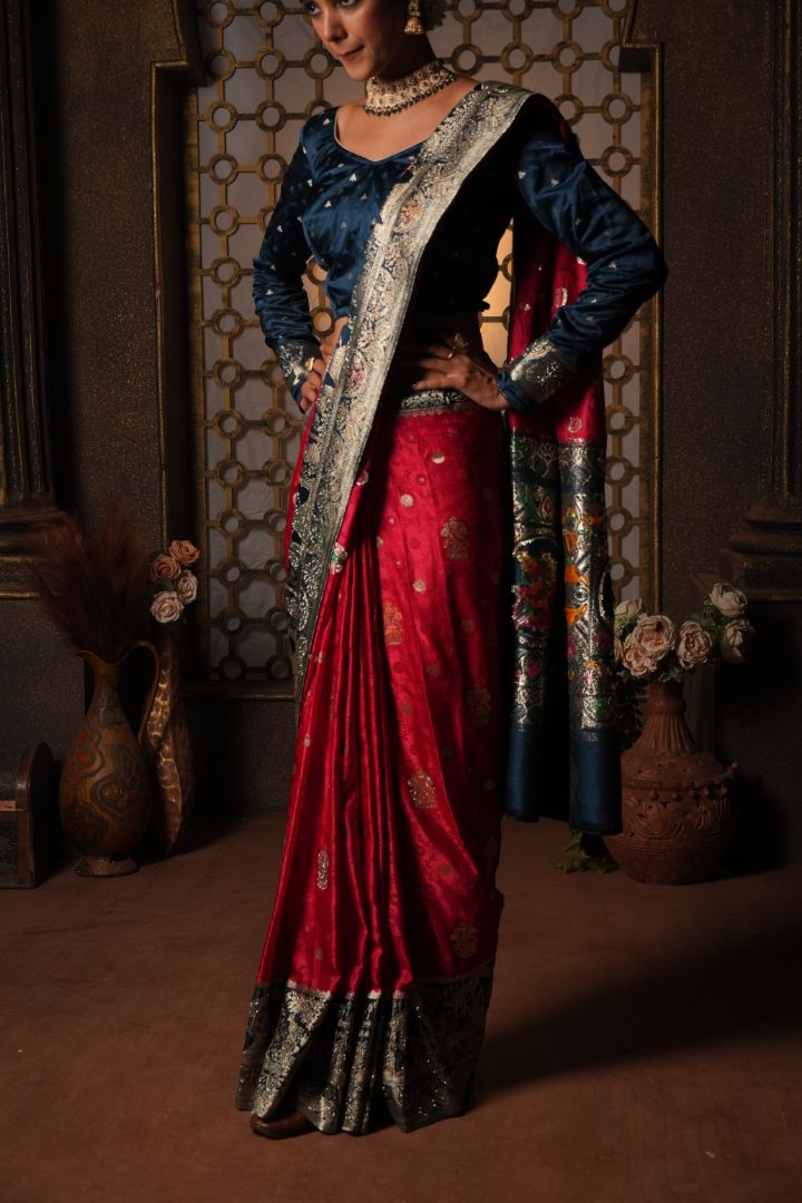 Rani Pink Peacock Embroidered Satin Saree