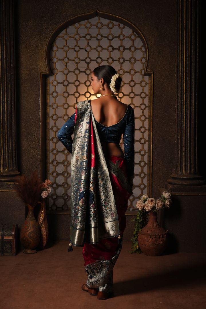 Rani Pink Peacock Embroidered Satin Saree