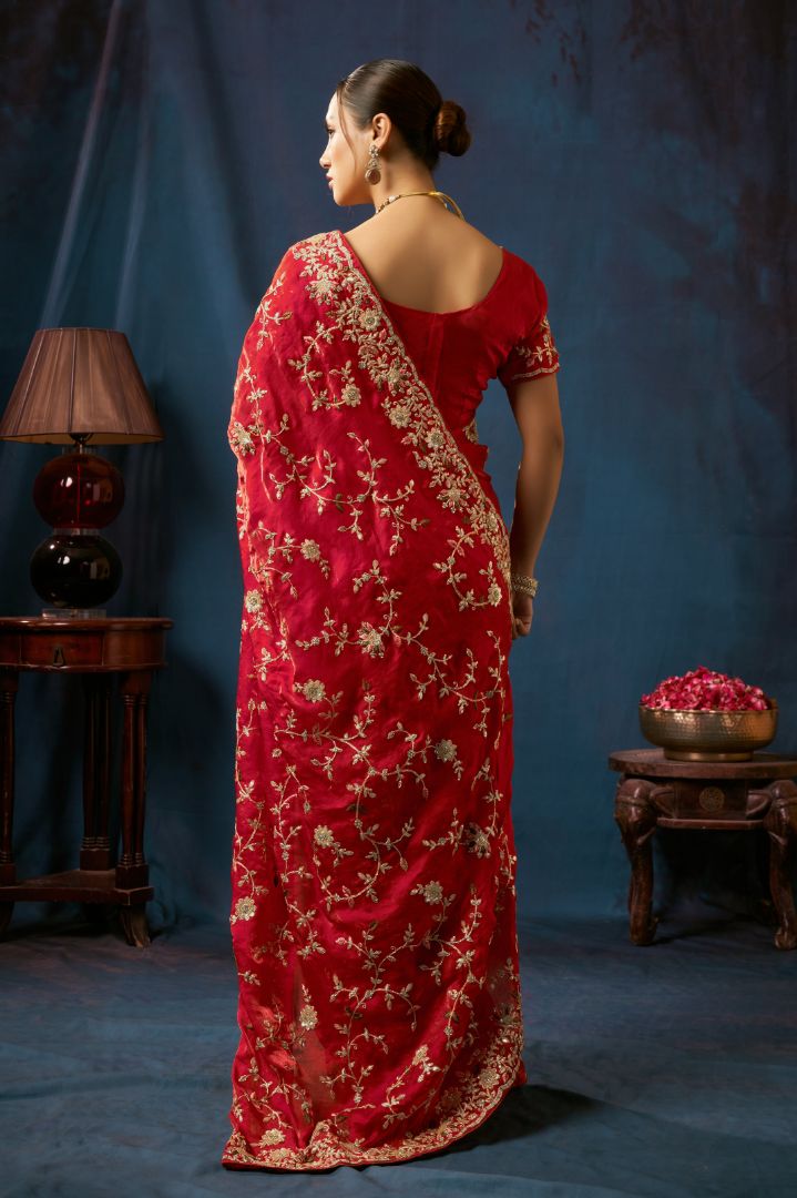Ruby Royale Floral Embroidered Designer Saree