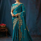 Teal Blue Peacock Embroidered Designer Silk Saree