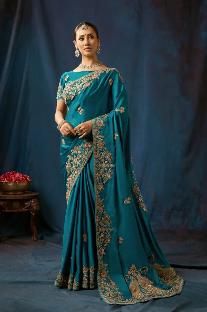 Teal Blue Peacock Embroidered Designer Silk Saree