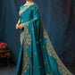 Teal Blue Peacock Embroidered Designer Silk Saree