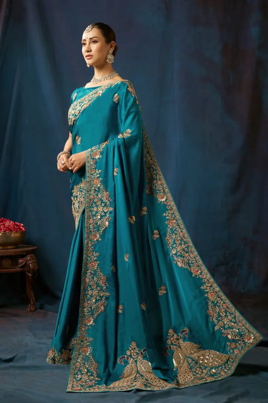 Teal Blue Peacock Embroidered Designer Silk Saree