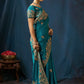 Teal Blue Peacock Embroidered Designer Silk Saree