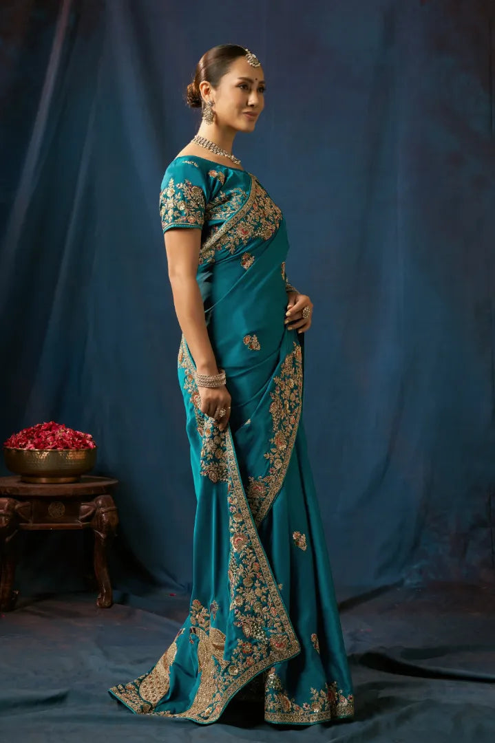 Teal Blue Peacock Embroidered Designer Silk Saree