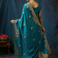 Teal Blue Peacock Embroidered Designer Silk Saree