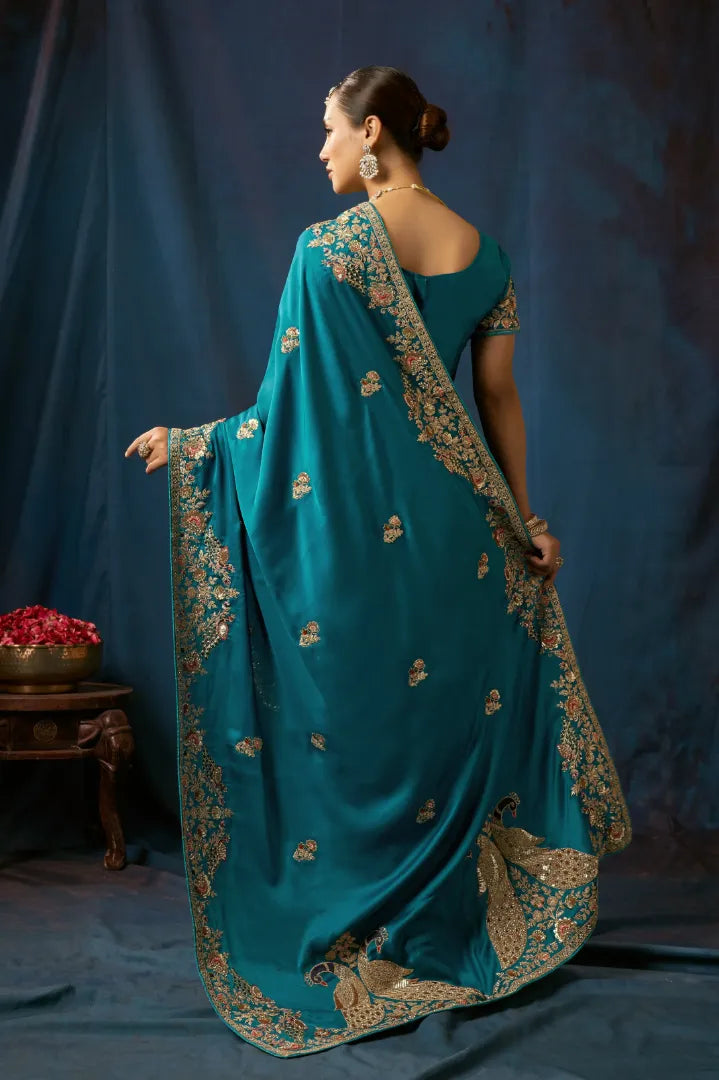 Teal Blue Peacock Embroidered Designer Silk Saree