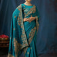 Teal Blue Peacock Embroidered Designer Silk Saree
