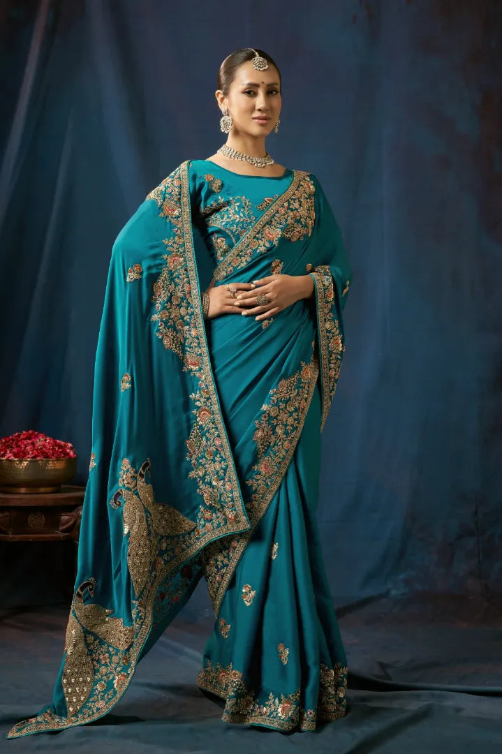 Teal Blue Peacock Embroidered Designer Silk Saree