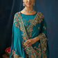 Teal Blue Peacock Embroidered Designer Silk Saree