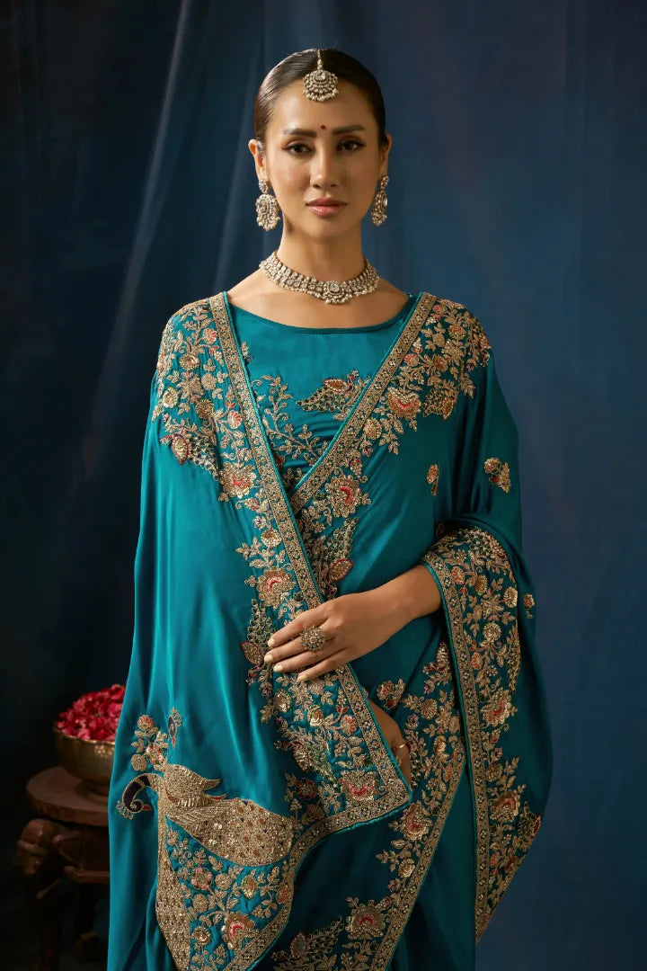 Teal Blue Peacock Embroidered Designer Silk Saree
