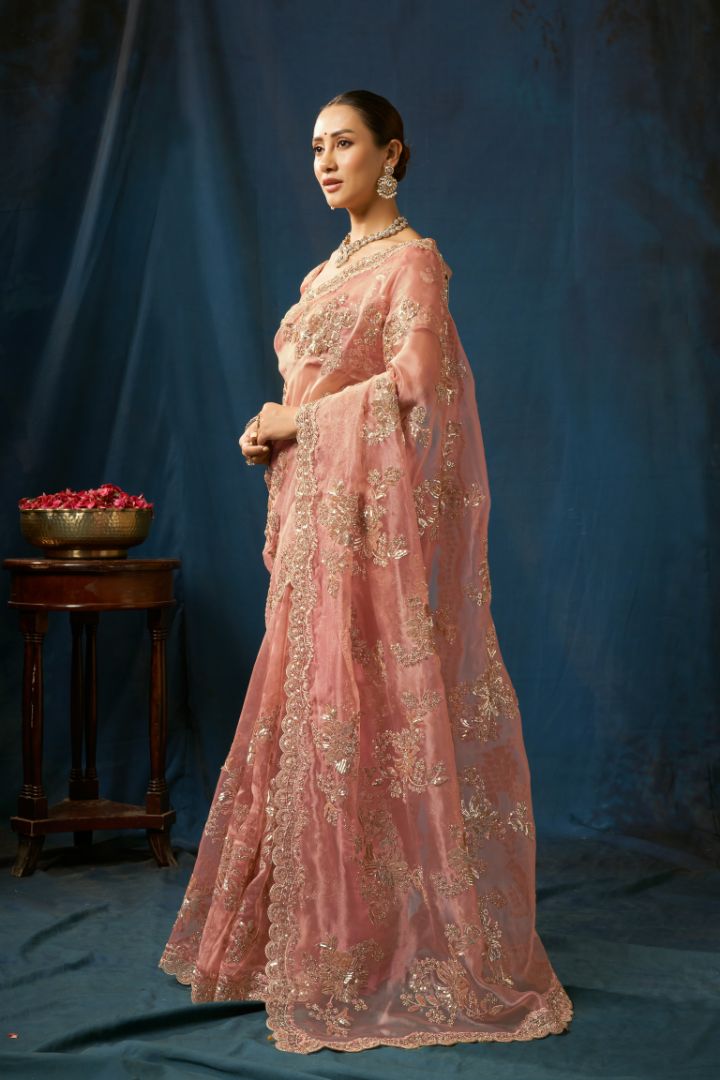 Ethereal Blush Pink Net Saree with Gold Floral Embroidery