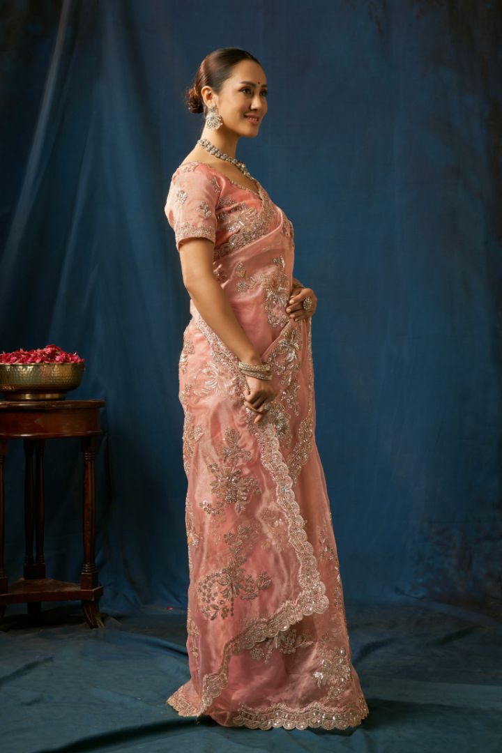 Ethereal Blush Pink Net Saree with Gold Floral Embroidery