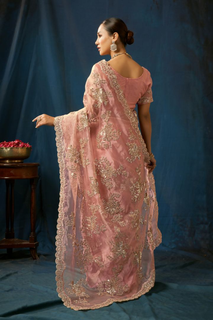 Ethereal Blush Pink Net Saree with Gold Floral Embroidery