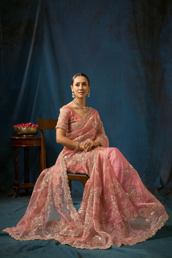 Ethereal Blush Pink Net Saree with Gold Floral Embroidery