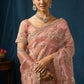 Ethereal Blush Pink Net Saree with Gold Floral Embroidery