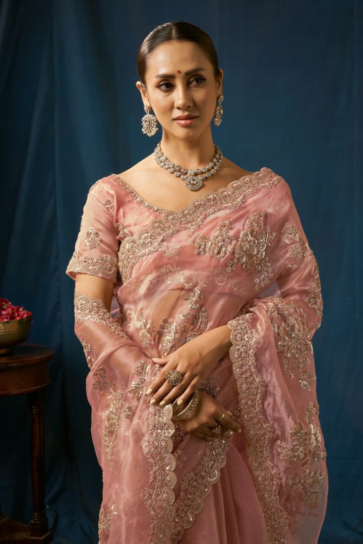 Ethereal Blush Pink Net Saree with Gold Floral Embroidery