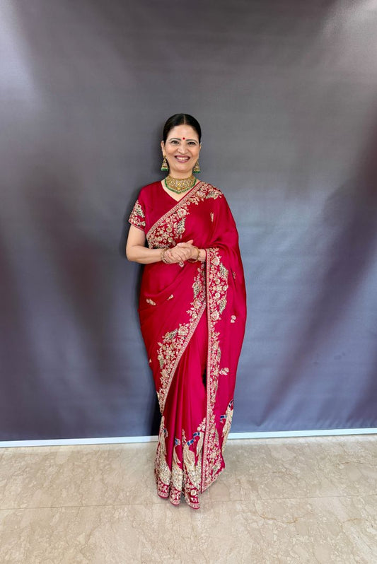 Heena Gehani Ruby Red Satin Saree