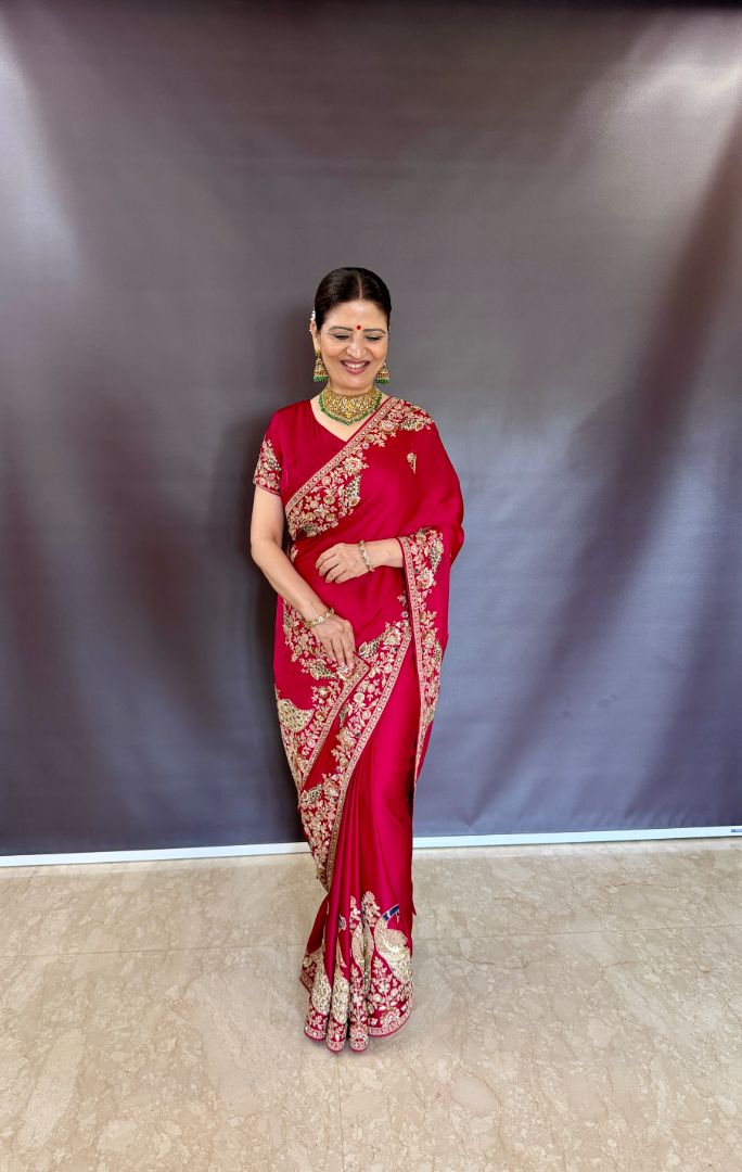 Heena Gehani Ruby Red Satin Saree