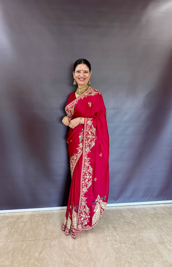 Heena Gehani Ruby Red Satin Saree