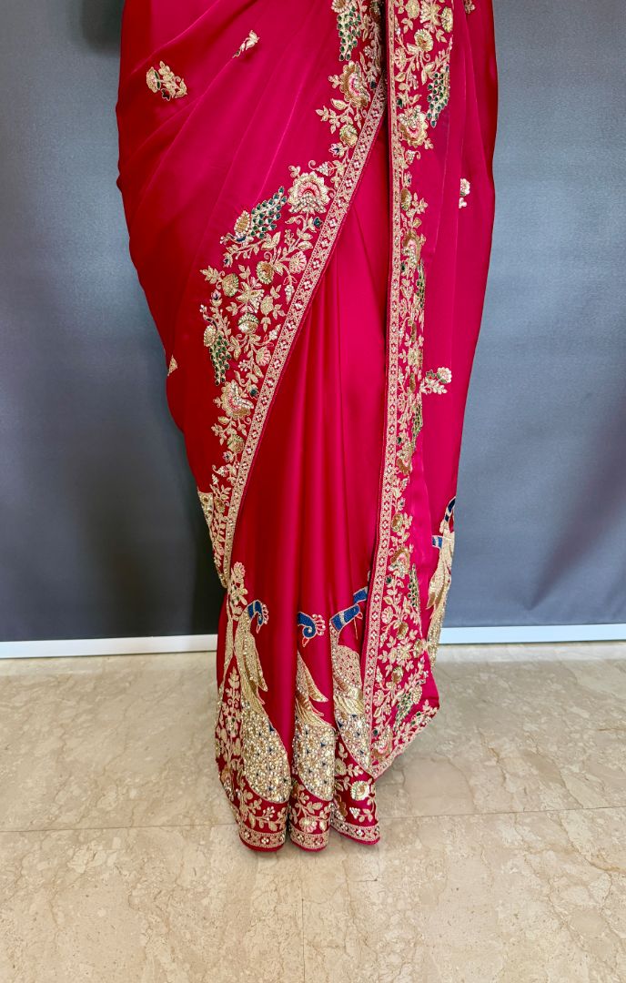 Heena Gehani Ruby Red Satin Saree