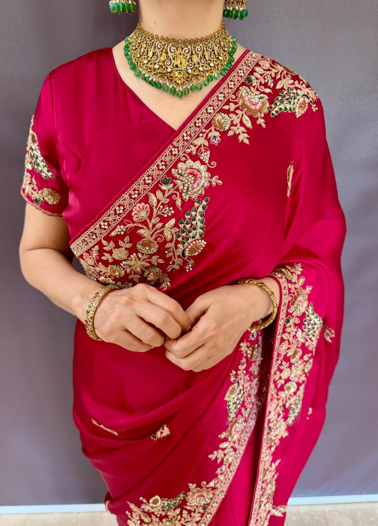 Heena Gehani Ruby Red Satin Saree
