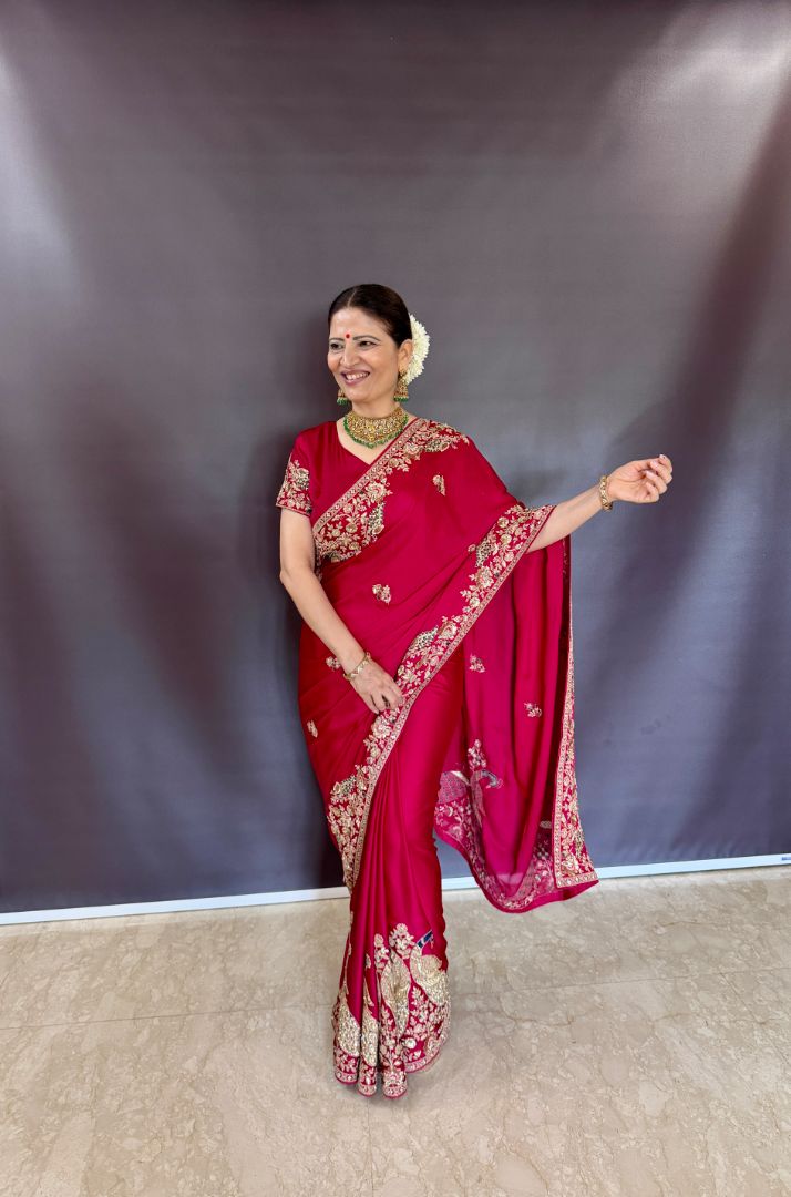 Heena Gehani Ruby Red Satin Saree