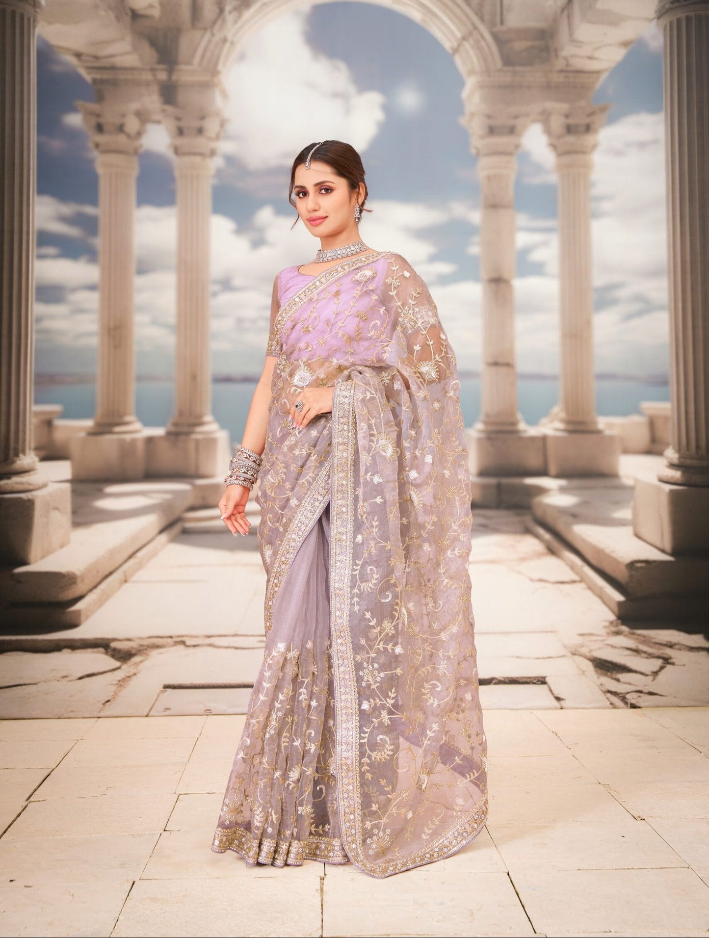 Lavanya Lavender Floral Embroidered Organza Saree