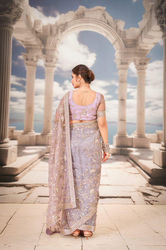 Lavanya Lavender Floral Embroidered Organza Saree