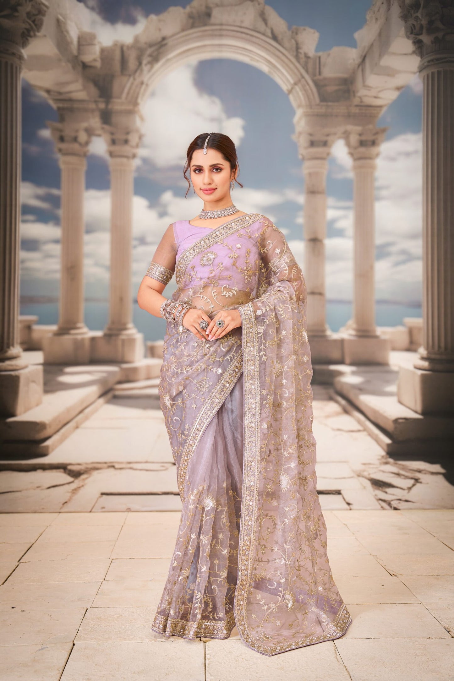 Lavanya Lavender Floral Embroidered Organza Saree