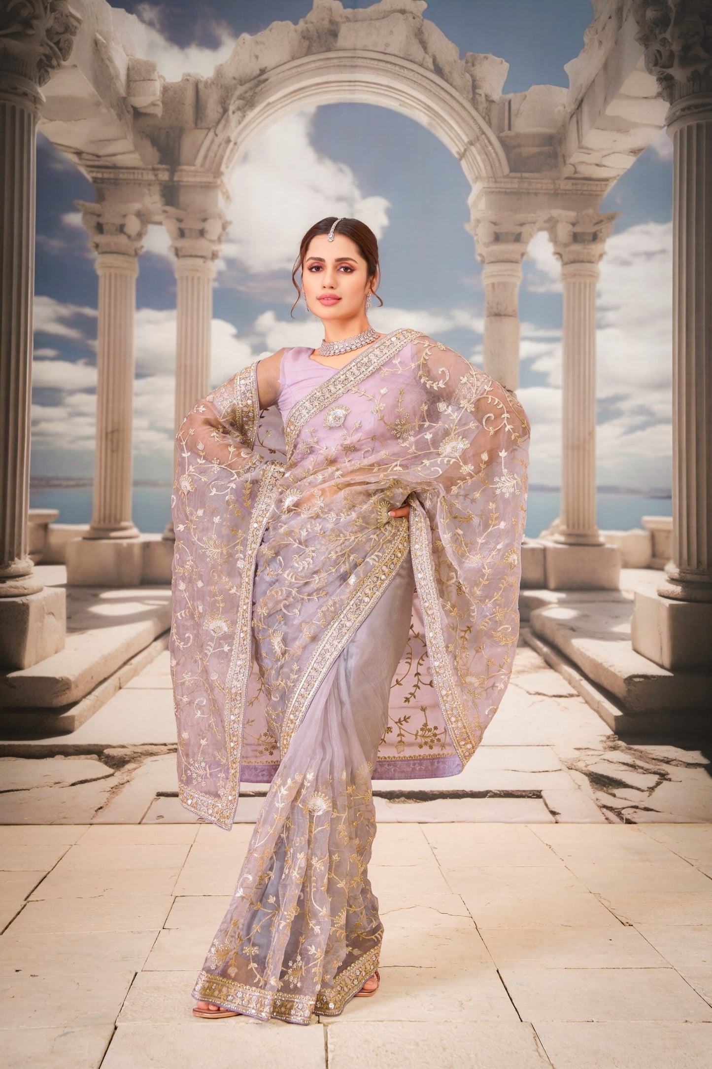 Lavanya Lavender Floral Embroidered Organza Saree