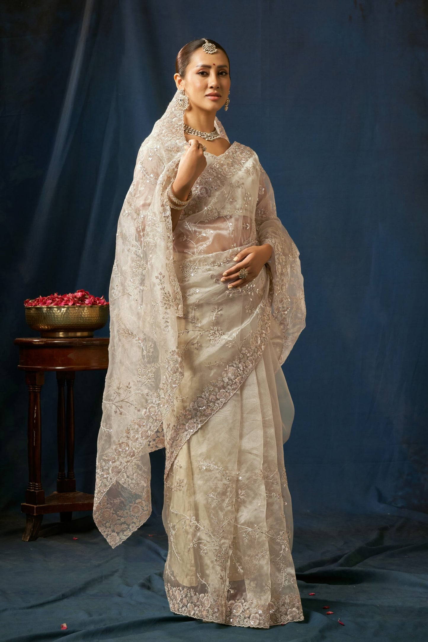 Pearl Mist Embroidered Organza Saree