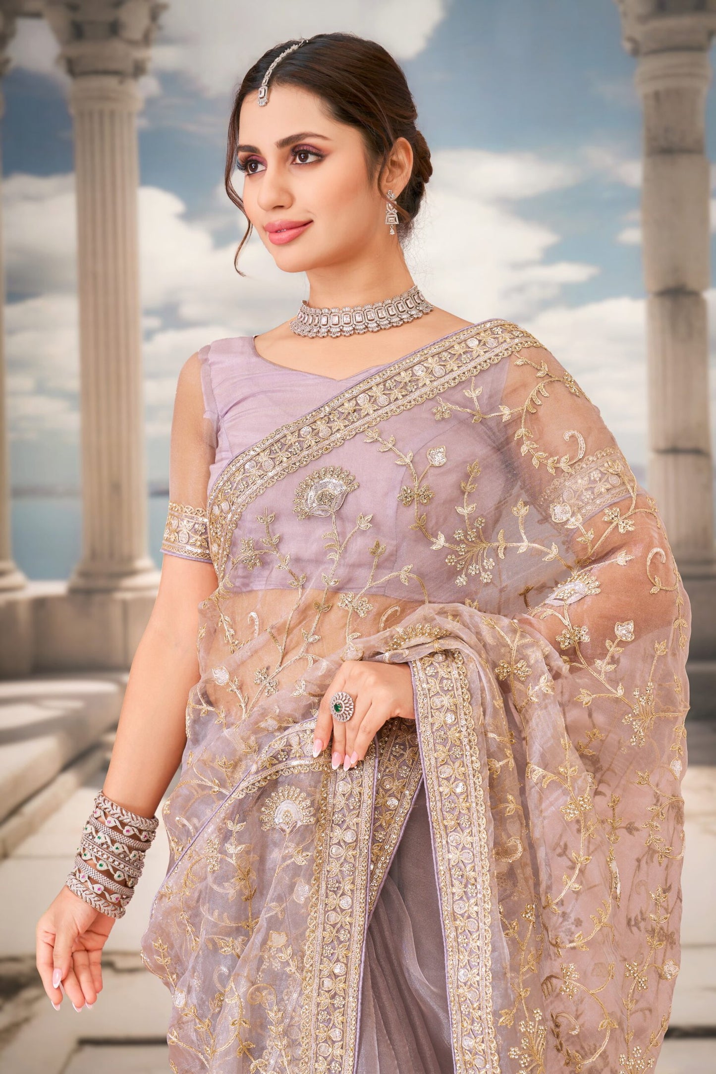 Lavanya Lavender Floral Embroidered Organza Saree
