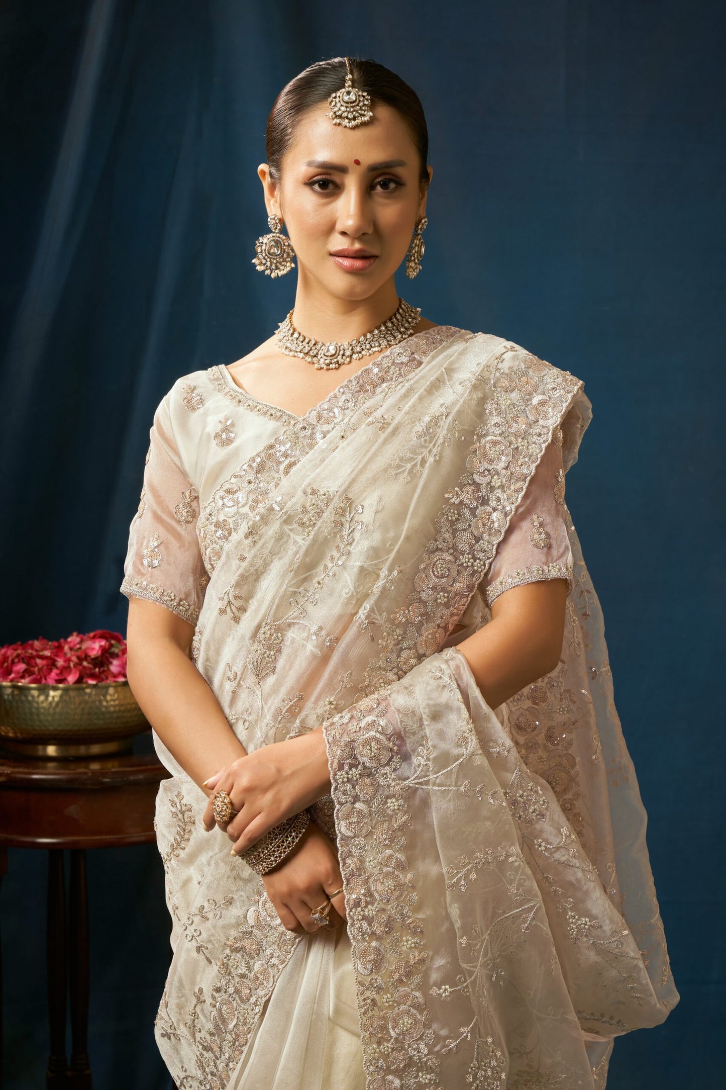 Pearl Mist Embroidered Organza Saree