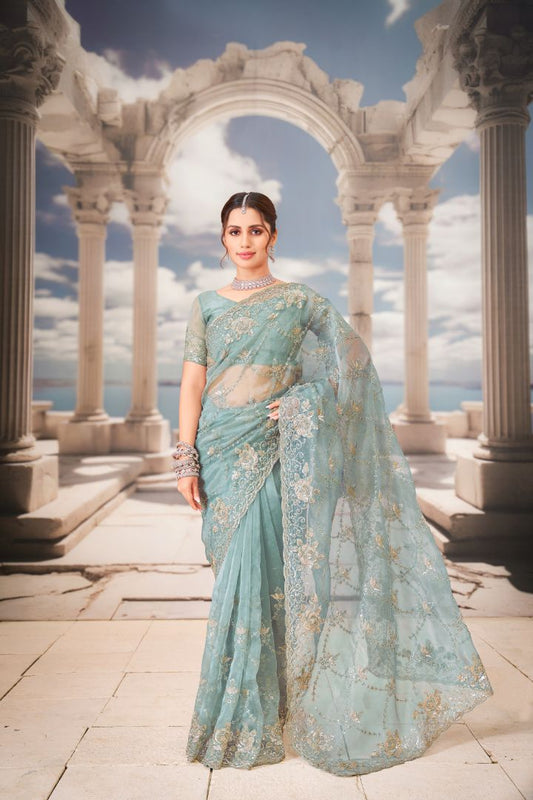 Celestial Aqua Embroidered Net Saree