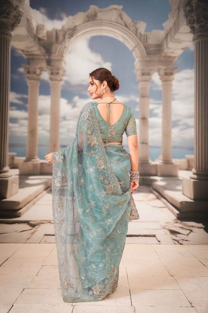 Celestial Aqua Embroidered Net Saree