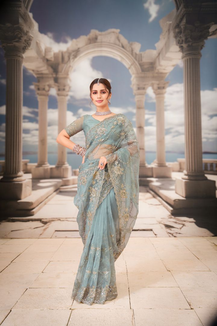 Celestial Aqua Embroidered Net Saree