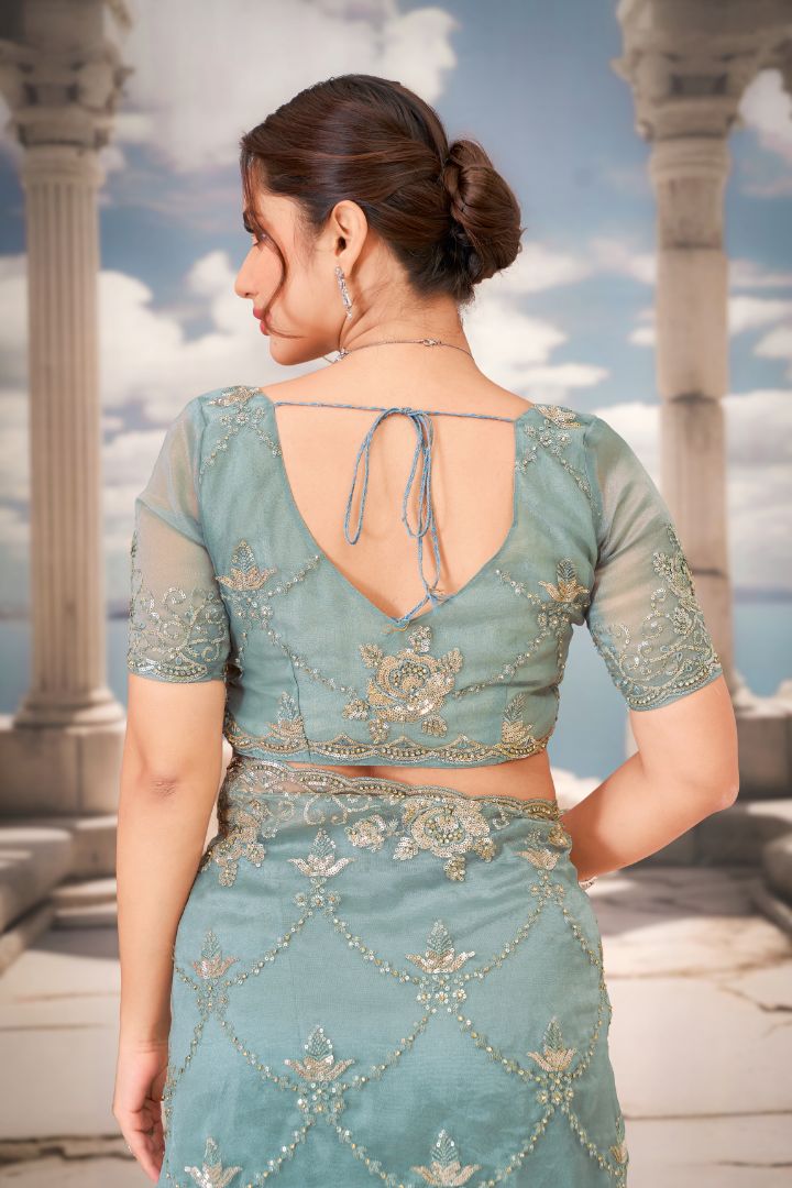 Celestial Aqua Embroidered Net Saree