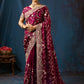 Noor Burgundy Velvet Embroidered Saree