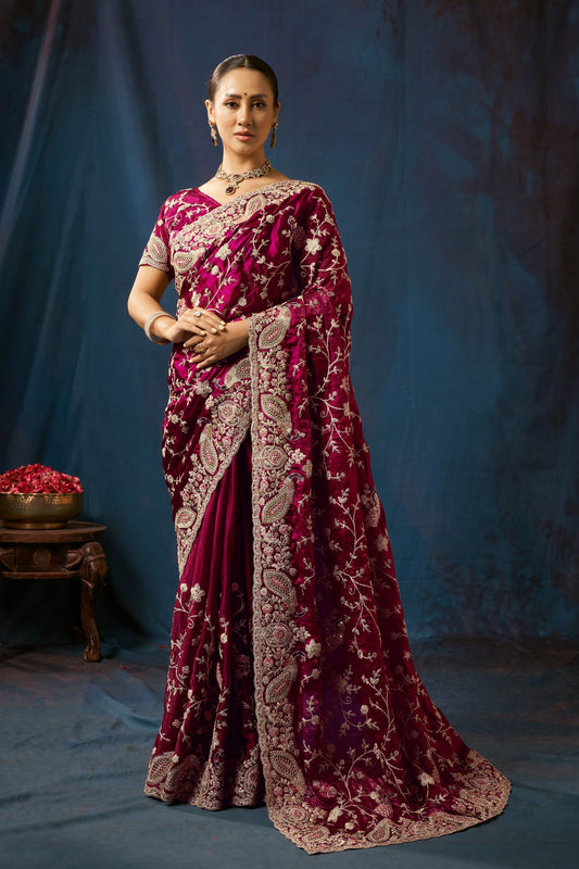 Noor Burgundy Velvet Embroidered Saree