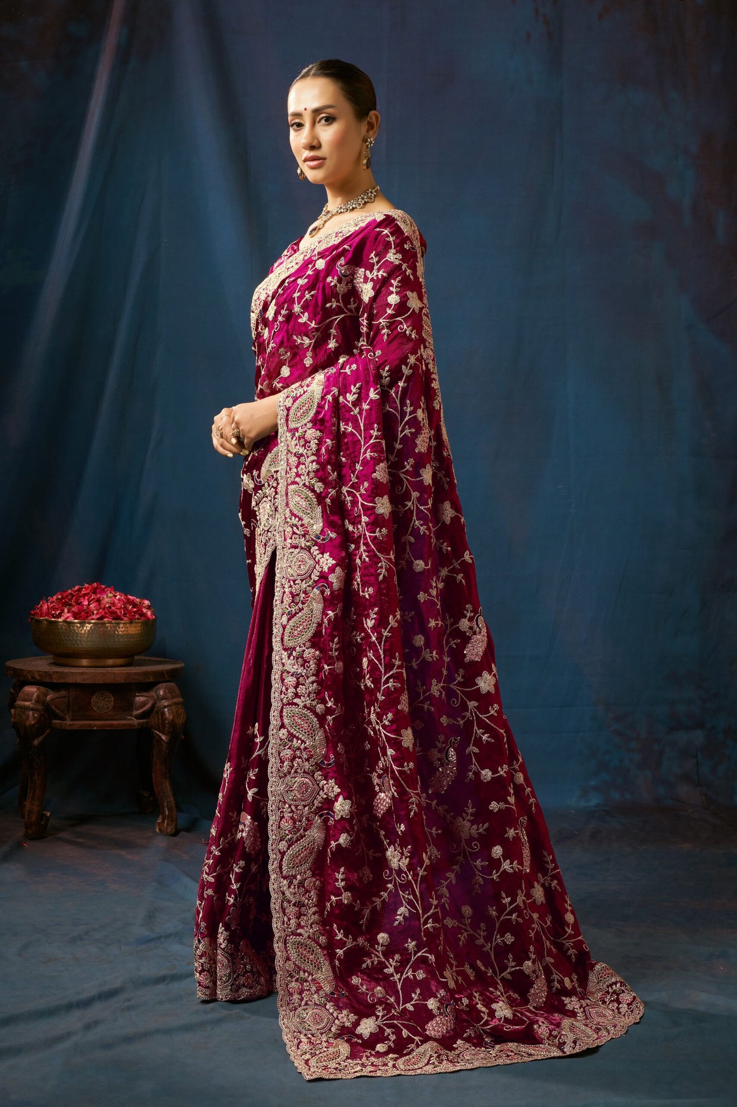 Noor Burgundy Velvet Embroidered Saree