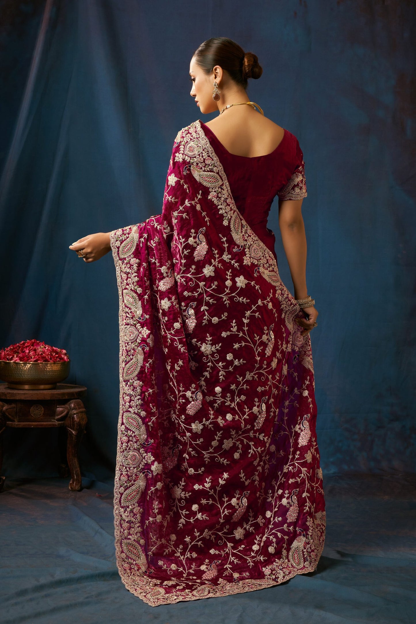 Noor Burgundy Velvet Embroidered Saree