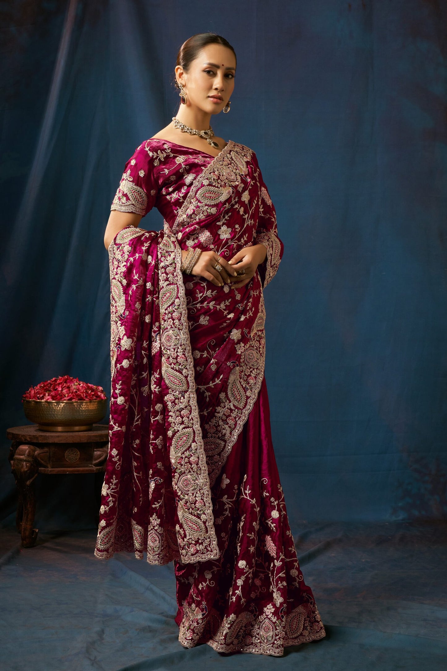 Noor Burgundy Velvet Embroidered Saree