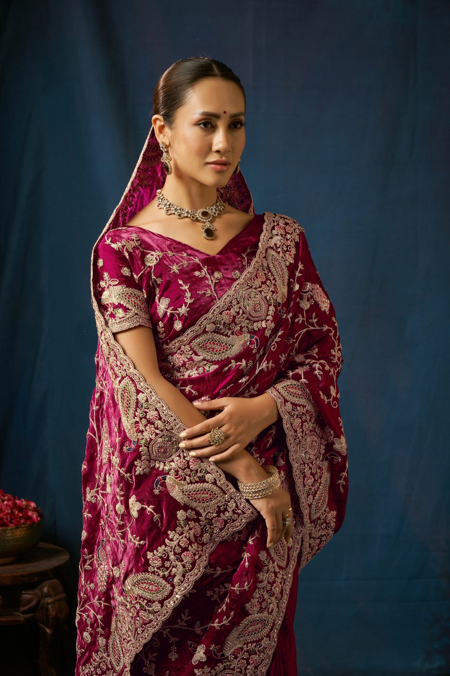 Noor Burgundy Velvet Embroidered Saree